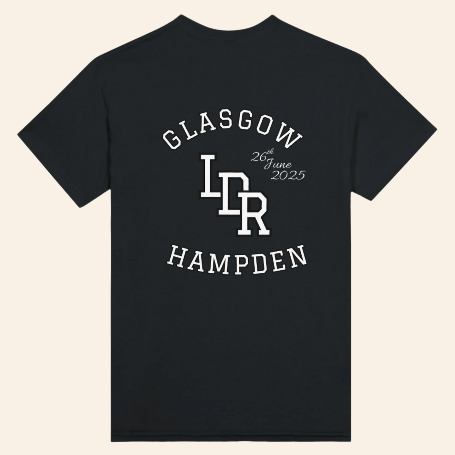 Black t-shirt with white text and logos on a white background