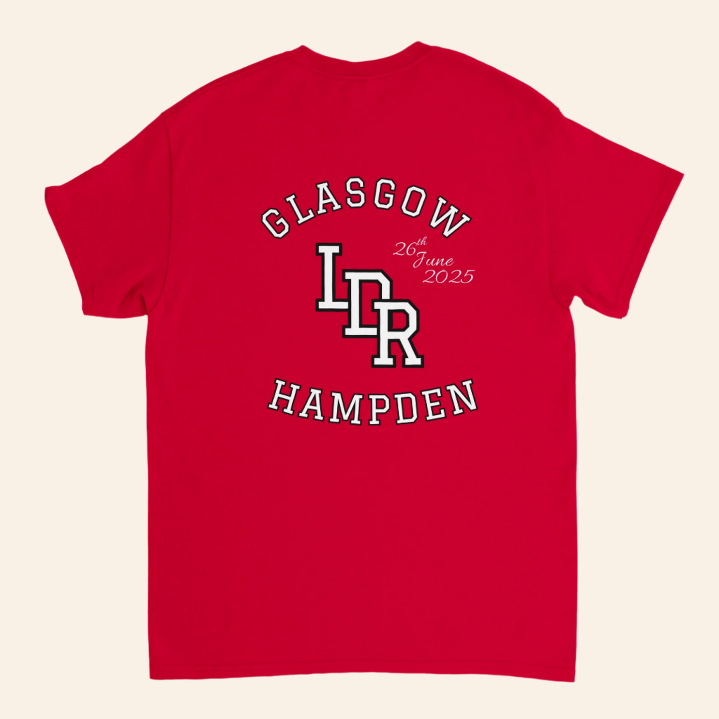 Red t-shirt with text and logo on the back on a white background