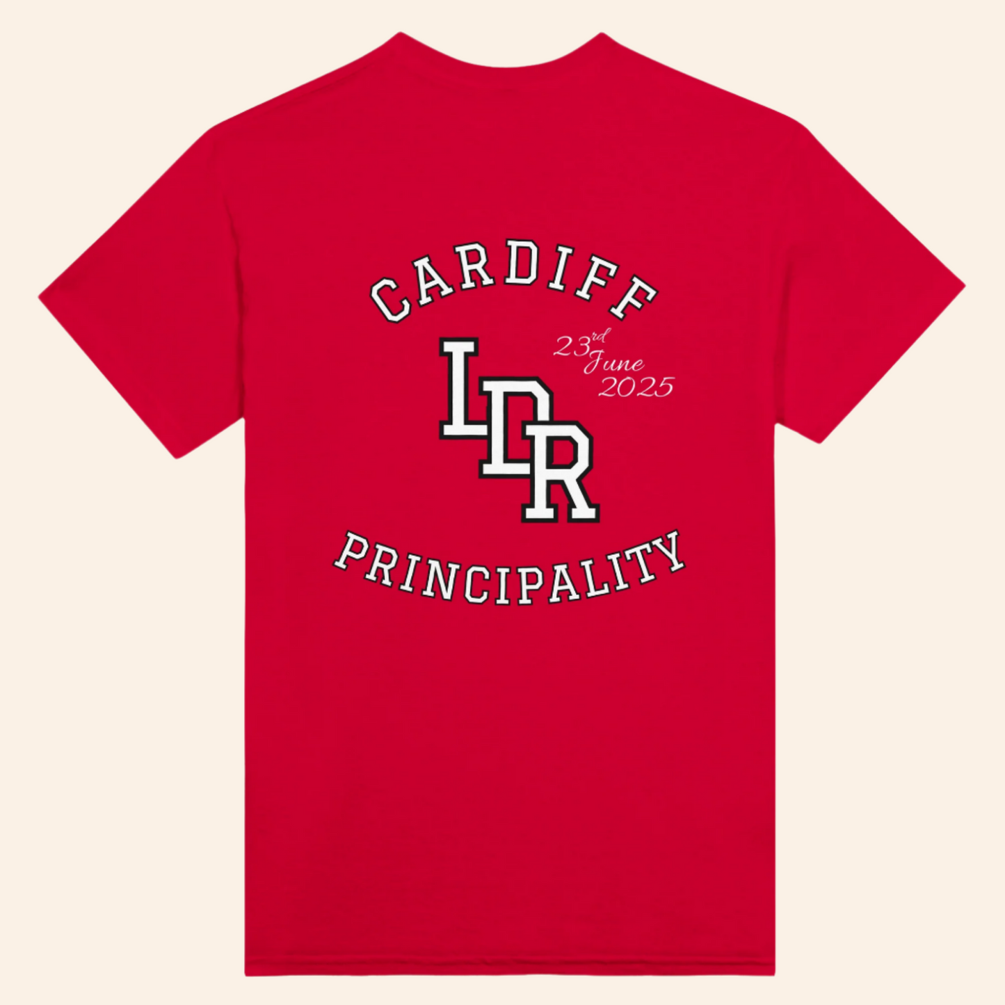 Red t-shirt with 'Cardiff Principality' text and logo on a white background