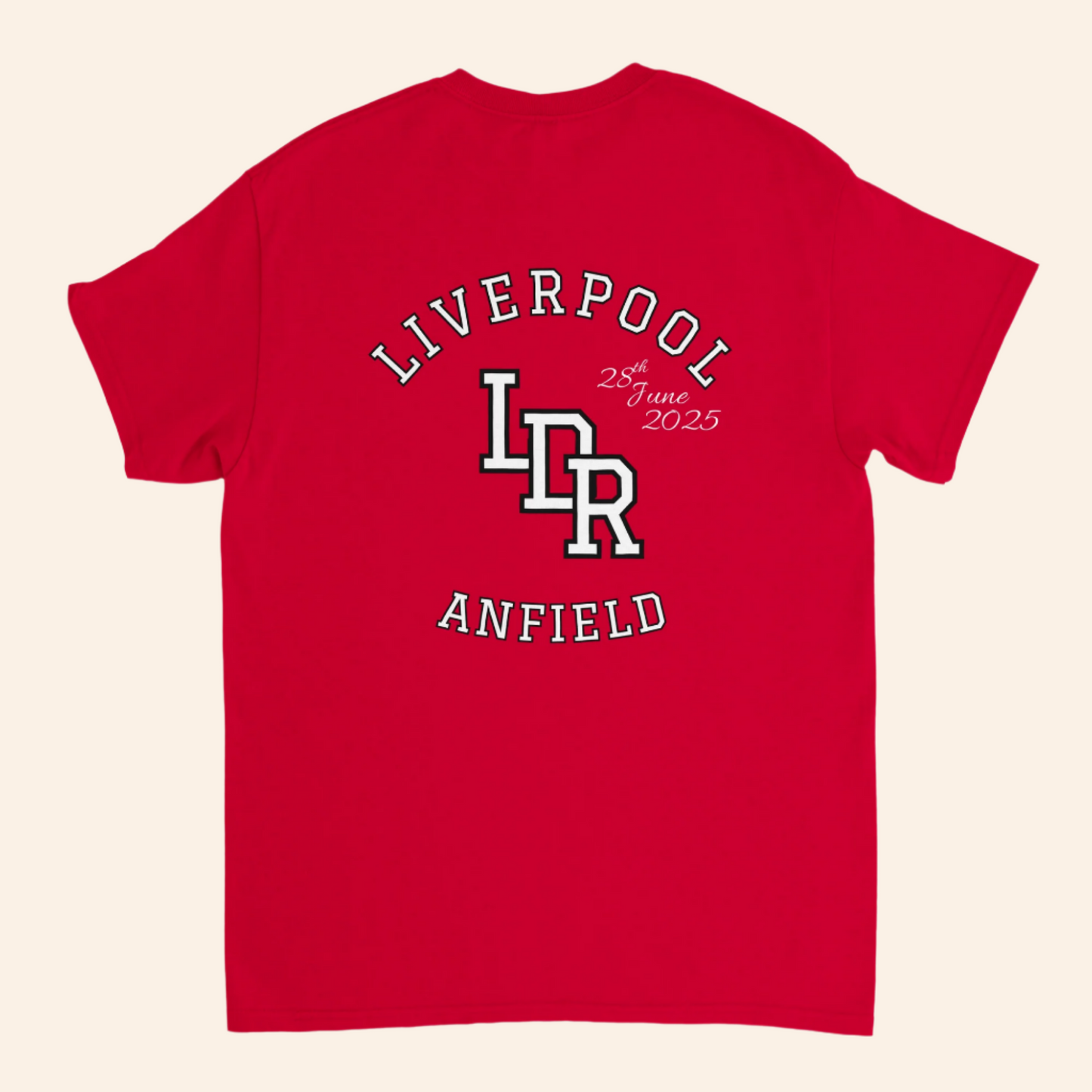 Red t-shirt with printed text and logo on a white background