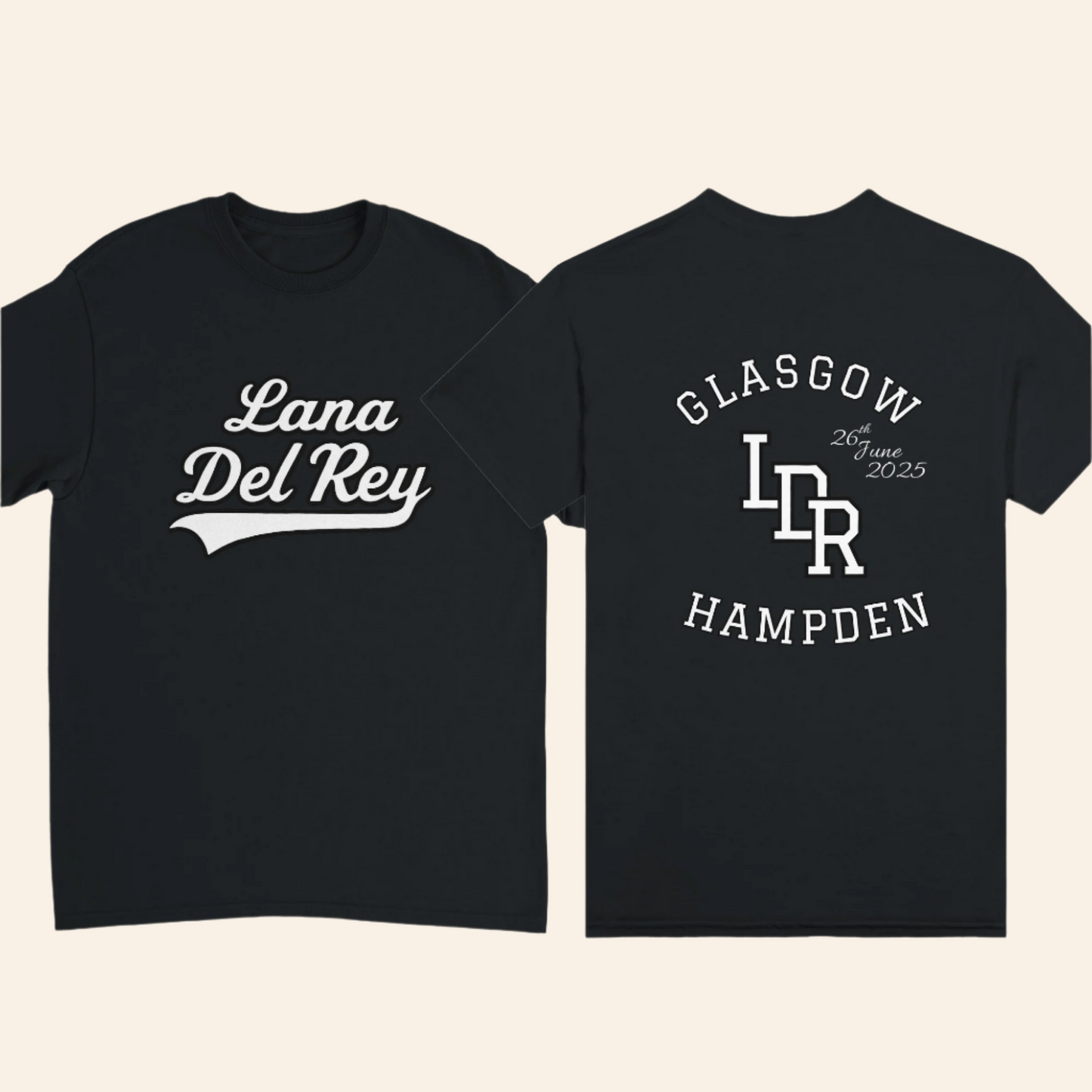 Black t-shirt with 'Lana Del Rey' text on front and event details on back