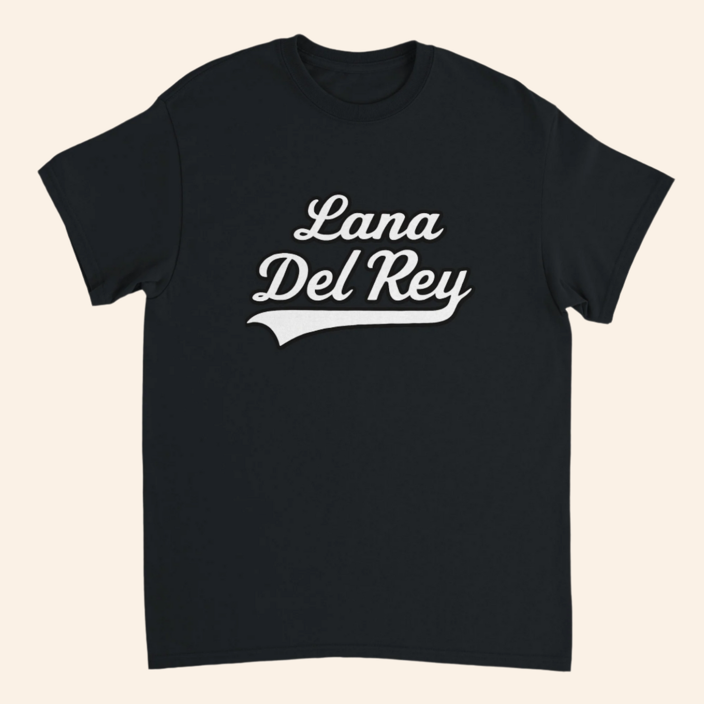 Black t-shirt with 'Lana Del Rey' text in white on a white background