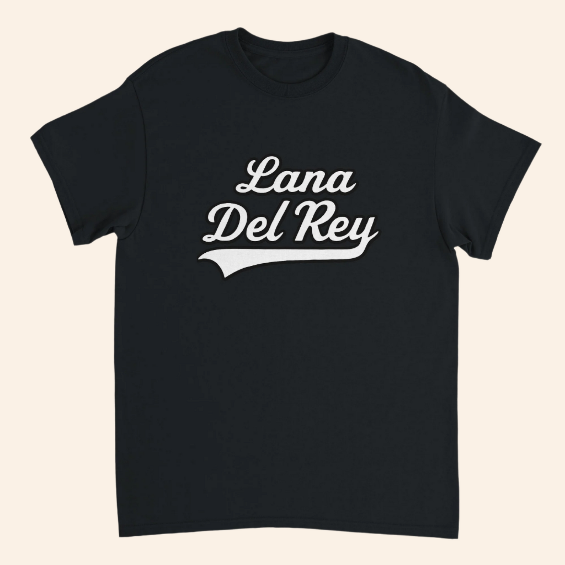 Black t-shirt with 'Lana Del Rey' text in white on a white background