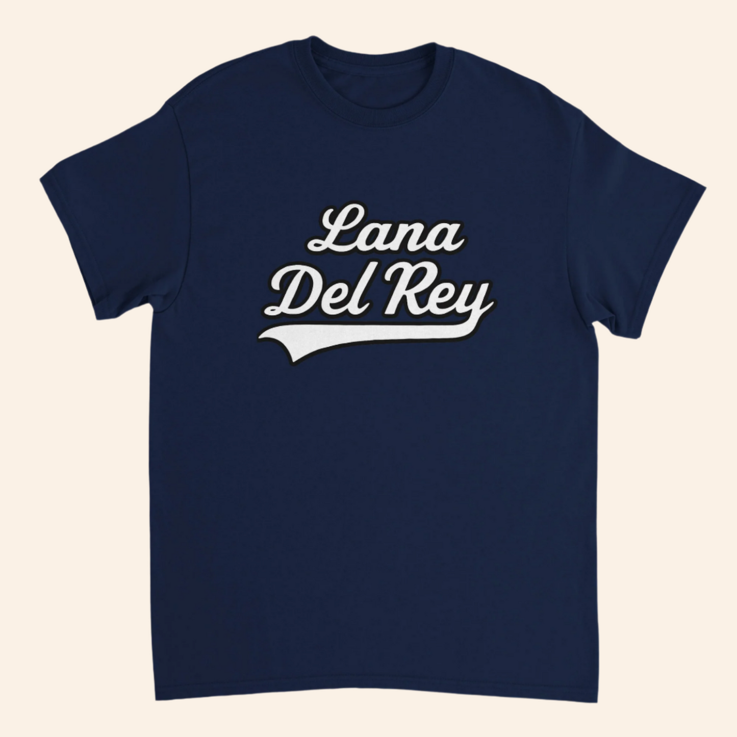 Navy blue t-shirt with 'Lana Del Rey' text in white on a white background