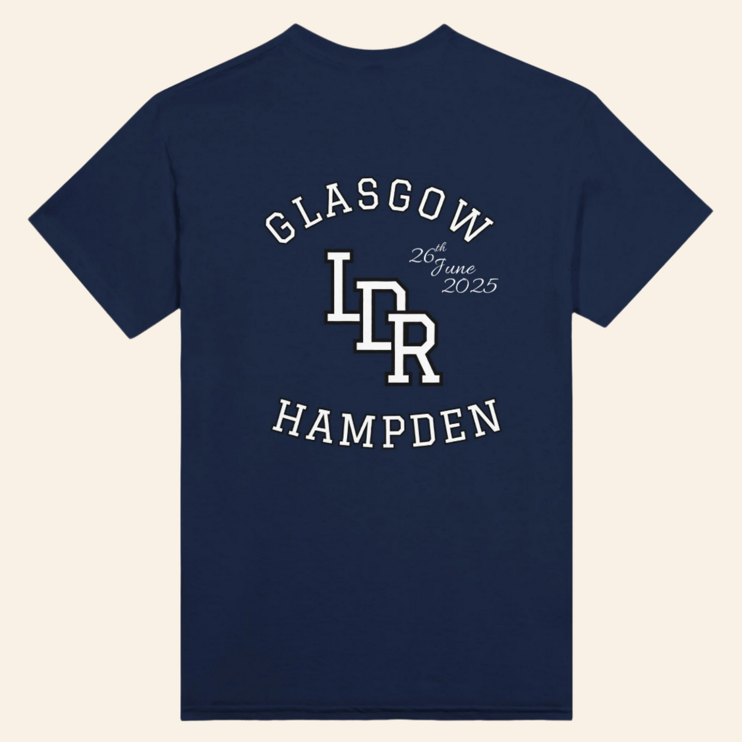 Navy blue t-shirt with white text and logos on a white background