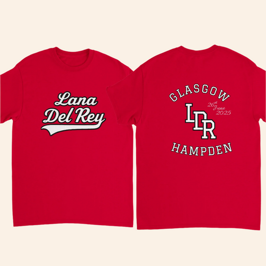 Red t-shirt with 'Lana Del Rey' and 'GLASGOW HAMPDEN' text on a white background