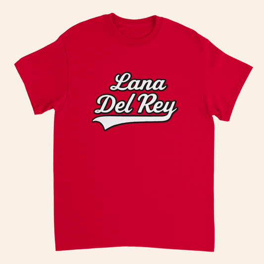 Red t-shirt with 'Lana Del Rey' text on a white background