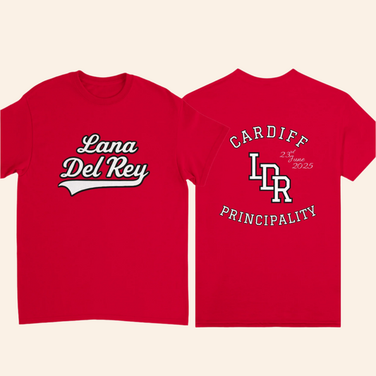 Red t-shirt with 'Lana Del Rey' and 'Cardiff Principality' text on a white background