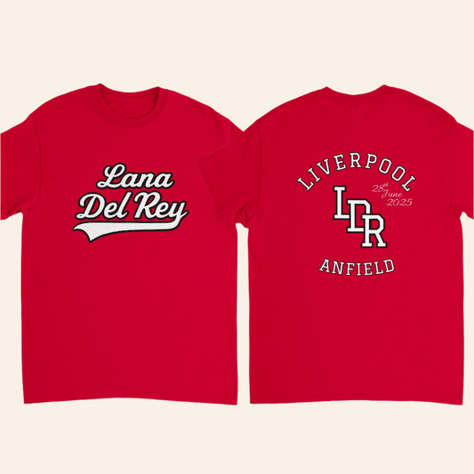Red t-shirt with 'Lana Del Rey' on the front and 'Liverpool Anfield' on the back.